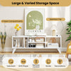 Media TV console table in white with spacious top and 4 open compartments for storage and decoration.