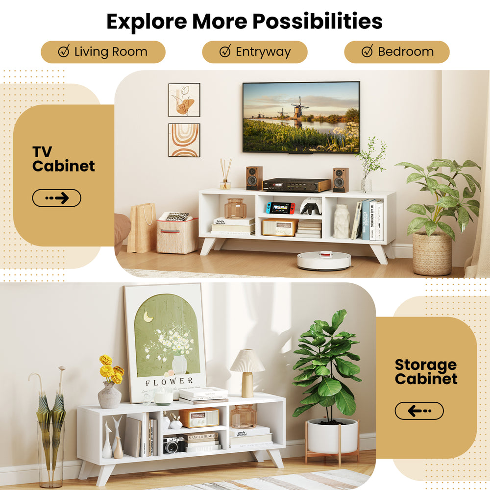 White media console table with raised support legs, designed for TVs up to 55", showcasing 4 open compartments for.