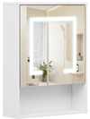 Medicine cabinet with mirror and three color LED lights, white finish, suitable for recessed or wall mounting.