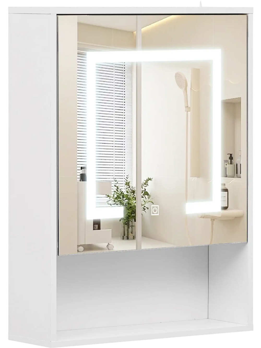 Medicine cabinet with mirror and three color LED lights, white finish, suitable for recessed or wall mounting.