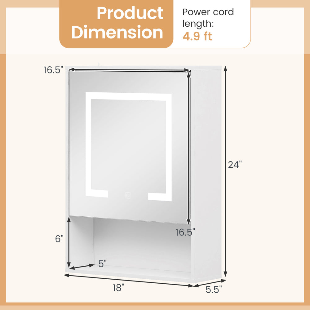 Medicine cabinet with mirror and 3 color LED lights, dimensions 24"x18", white finish for recessed or wall mounting.