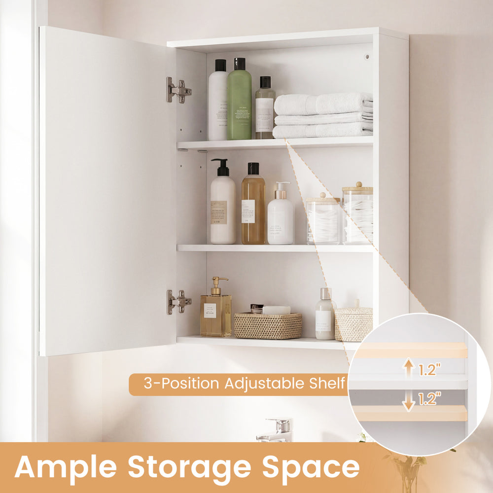Medicine cabinet with adjustable shelves, featuring a mirror and 3 color LED lights, ideal for bathroom storage.