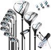 Men's complete golf clubs and bag set in white, featuring a driver, fairway, hybrid, irons, and lightweight carrying.