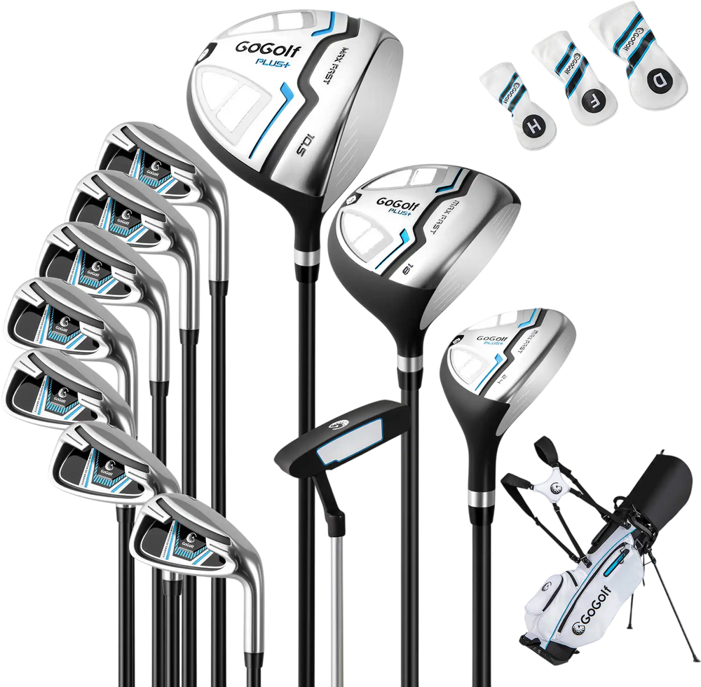 Men's complete golf clubs and bag set in white, featuring a driver, fairway, hybrid, irons, and lightweight carrying.