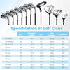 Men's complete golf clubs and bag set in white, featuring a driver, fairway, hybrid, and irons with graphite shafts.