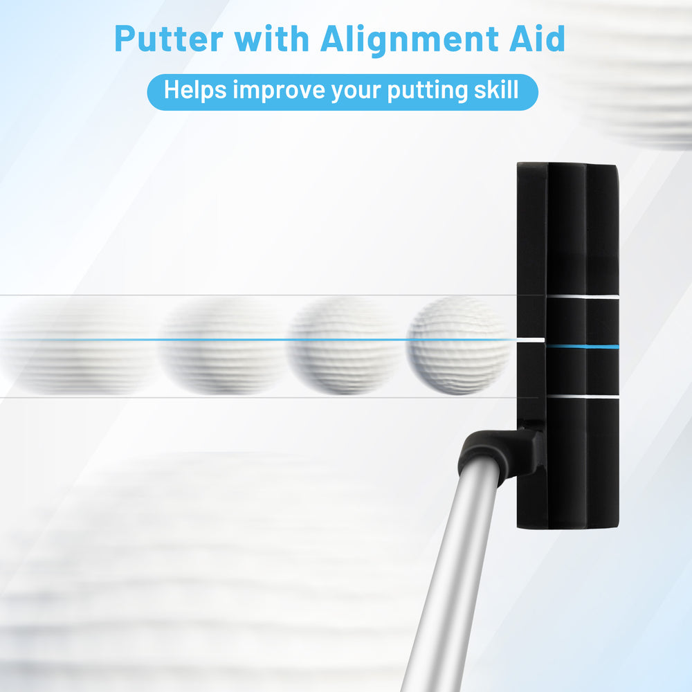Putter with alignment aid for improved accuracy, featuring a durable steel shaft and designed for better putting skills.