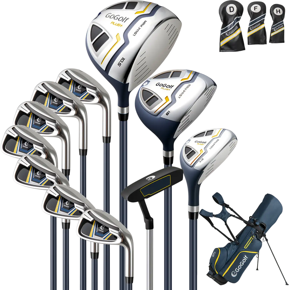 Men's complete golf clubs set with driver, irons, and lightweight bag, featuring anti-slip grips and alignment aid.