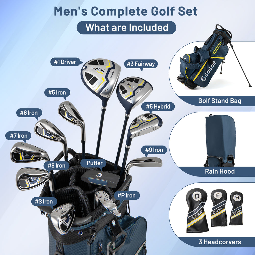 Men's complete golf clubs and bag set with driver, fairway, hybrid, irons, and lightweight bag for easy carrying.