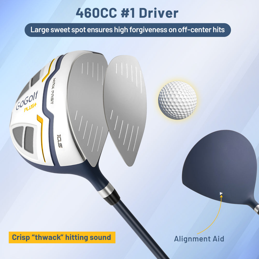 Men's golf driver with a large sweet spot, alignment aid, and graphite shaft for improved accuracy and stability.