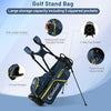 Men's golf stand bag in blue with yellow accents, featuring 5 zippered pockets and a 7-way top divider for easy.