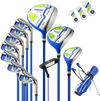 Men's complete golf clubs and bag set in blue, featuring a driver, fairway, hybrid, irons, and putter with headcovers.
