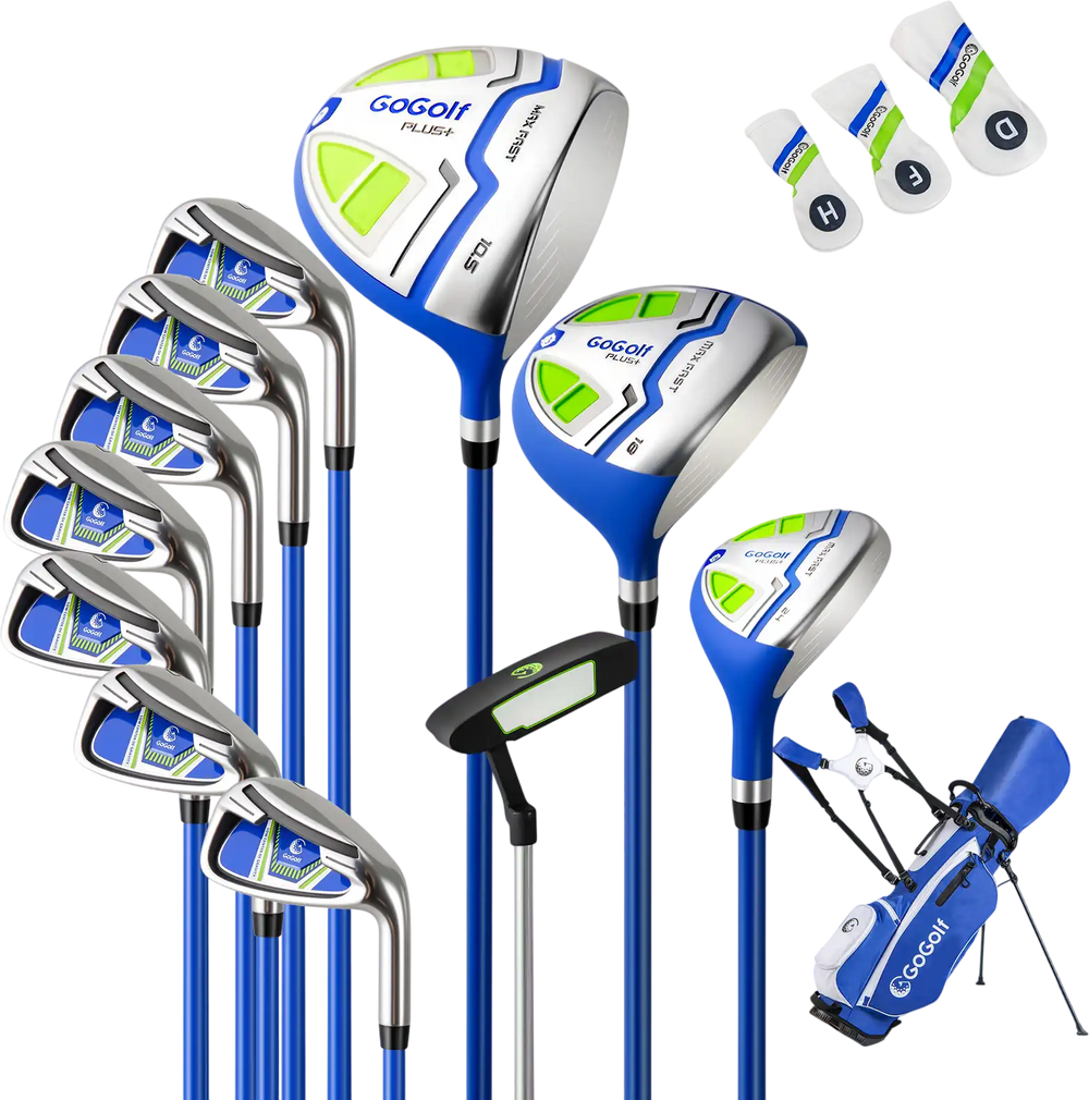 Men's complete golf clubs and bag set in blue, featuring a driver, fairway, hybrid, irons, and putter with headcovers.