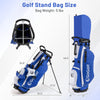 Men's blue golf stand bag with dual shoulder straps, 5 lbs weight, and multiple pockets for accessories and storage.