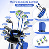 Men's complete golf clubs and bag set in blue, featuring a driver, fairway, hybrid, and putter with headcovers.