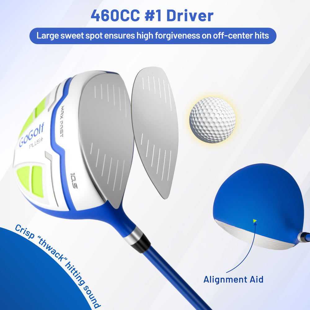 Men's golf driver with a large sweet spot, alignment aid, and graphite shaft for improved accuracy and stability.
