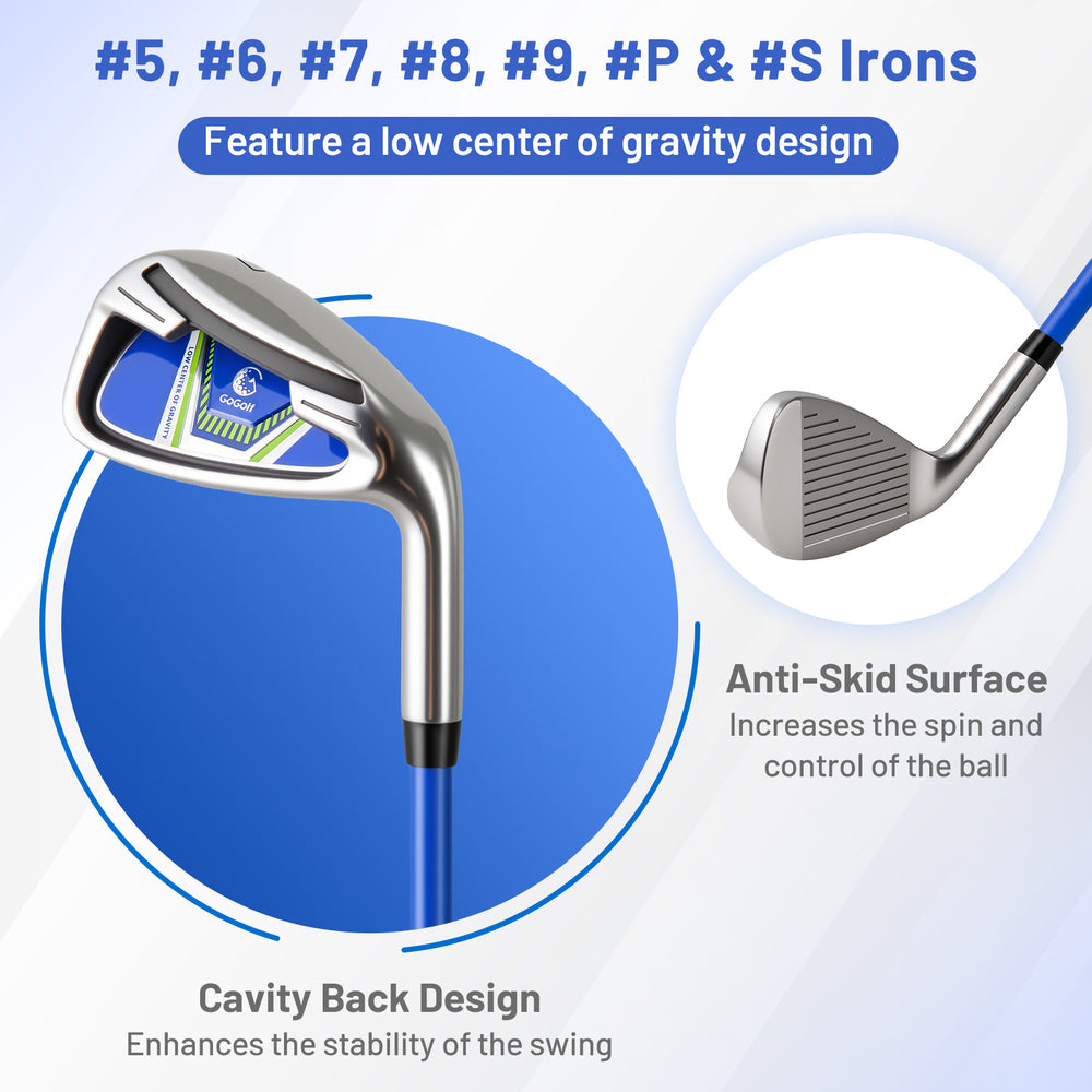 Men's golf iron set featuring a low center of gravity design for stability and anti-skid surface for better ball.