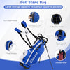 Men's golf stand bag in blue with 5 zippered pockets, dual shoulder straps, and umbrella holder for easy carrying.