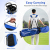 Men's blue golf bag set with adjustable dual shoulder straps, top lift handles, and waist cushion for easy carrying.