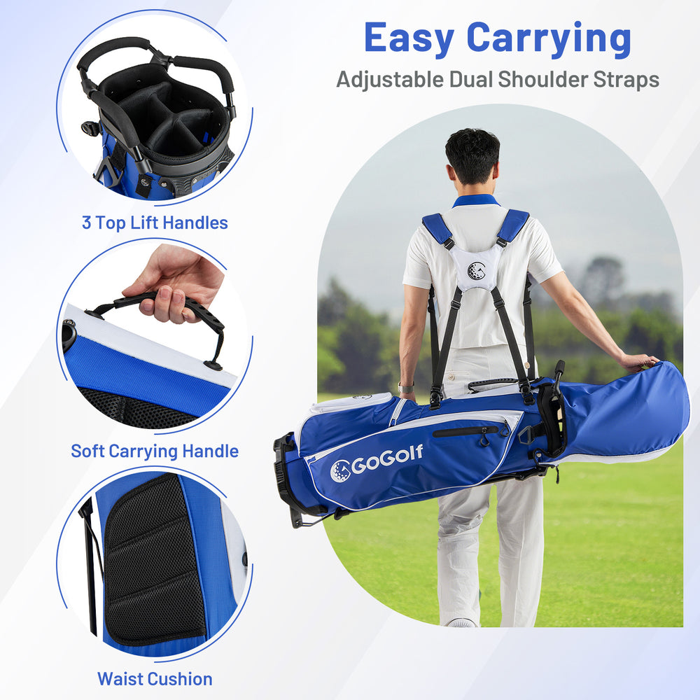 Men's blue golf bag set with adjustable dual shoulder straps, top lift handles, and waist cushion for easy carrying.