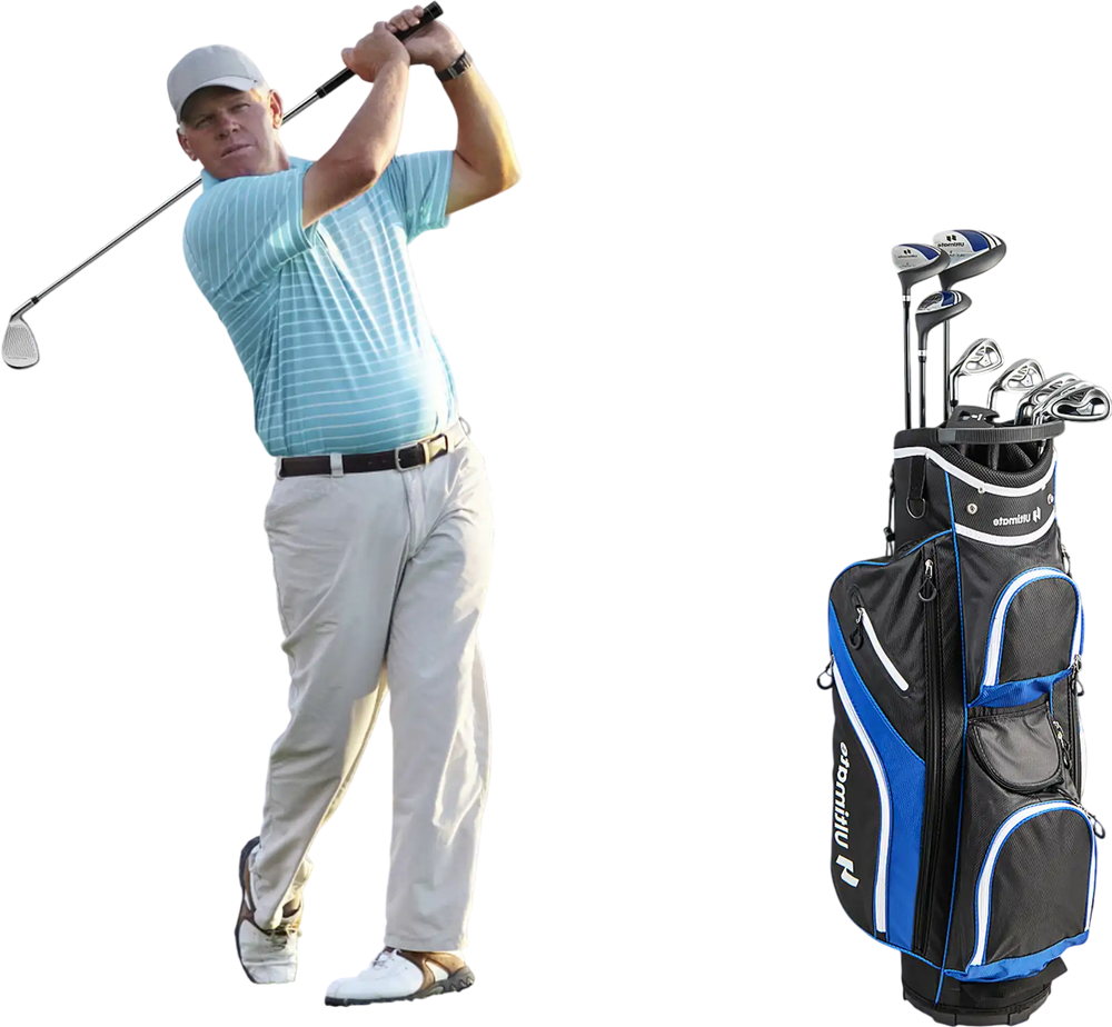Men's 9-piece complete golf club set in navy with lightweight carbon shafts and soft grips, ideal for beginners.