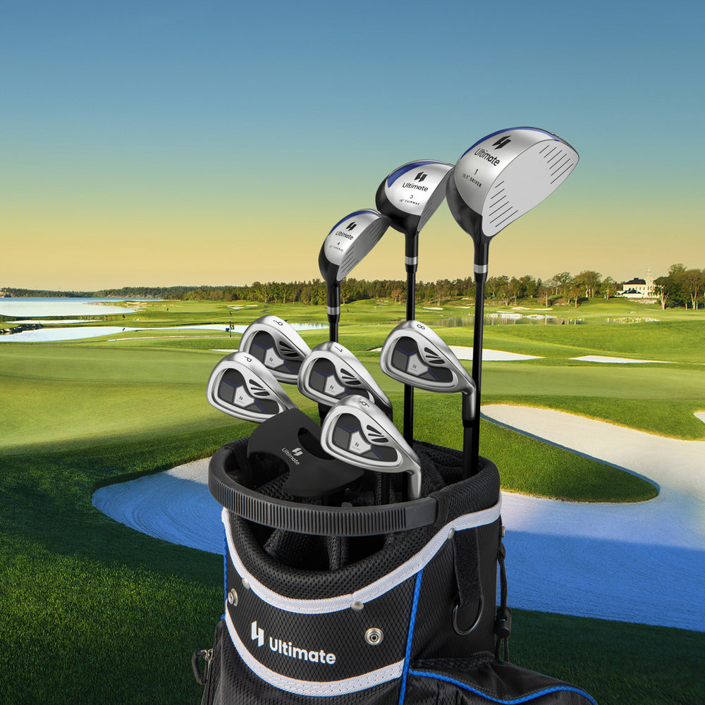 Men's 9-piece complete golf club set in navy with lightweight carbon shafts, head covers, and TPR grips for beginners.