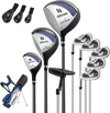 Left-handed complete golf club set with 3 woods, 5 irons, putter, and lightweight blue stand bag for easy transport.