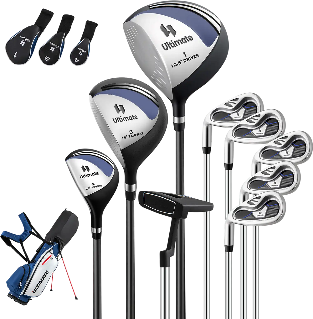 Left-handed complete golf club set with 3 woods, 5 irons, putter, and lightweight blue stand bag for easy transport.