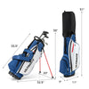 Left-handed golf club set with blue stand bag, featuring 3 woods, 5 irons, and putter, designed for easy portability.