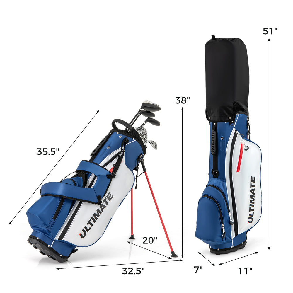 Left-handed golf club set with blue stand bag, featuring 3 woods, 5 irons, and putter, designed for easy portability.