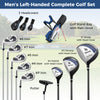 Left-handed complete golf set featuring a blue stand bag, 3 woods, 5 irons, and a putter for enhanced performance.