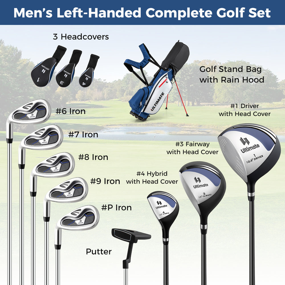 Left-handed complete golf set featuring a blue stand bag, 3 woods, 5 irons, and a putter for enhanced performance.