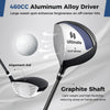 Left-handed golf driver with 460CC aluminum alloy head, graphite shaft, and alignment aid for improved swing stability.