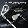 Left-handed golf iron set featuring zinc alloy heads and deep grooves for enhanced control and accuracy on shots.