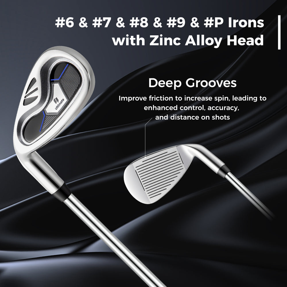 Left-handed golf iron set featuring zinc alloy heads and deep grooves for enhanced control and accuracy on shots.