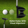 Mallet putter with visual alignment and golf ball on grass, part of a left-handed golf club set for improved accuracy.