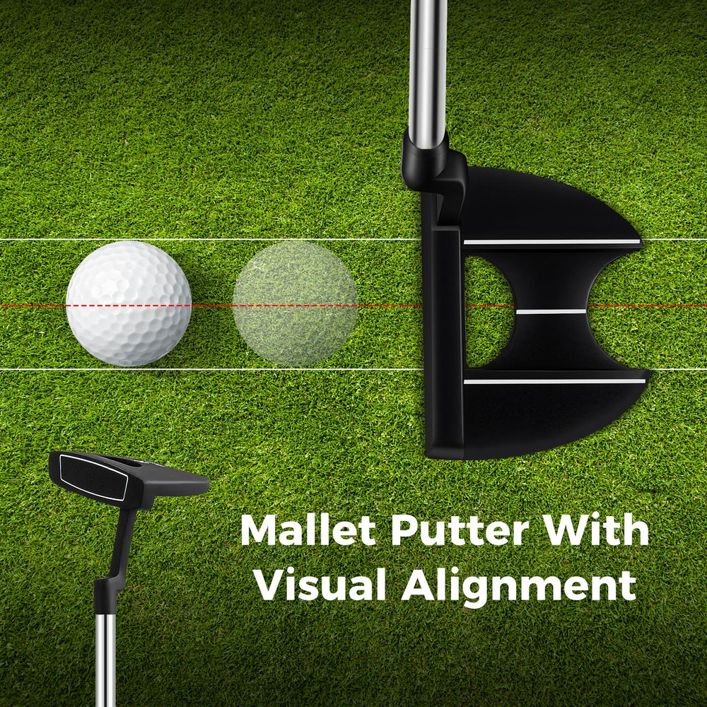 Mallet putter with visual alignment and golf ball on grass, part of a left-handed golf club set for improved accuracy.