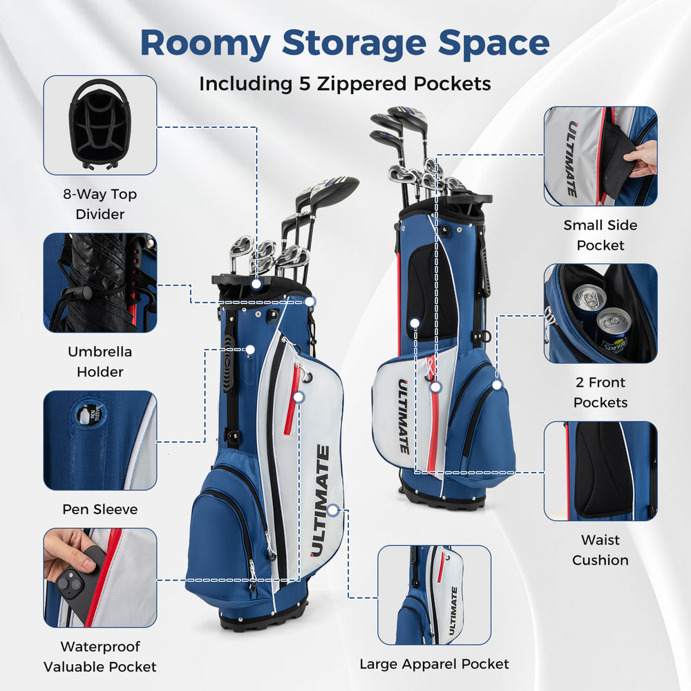 Left-handed golf stand bag in blue with 5 zippered pockets, umbrella holder, and lightweight portable design.