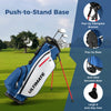 Lightweight blue golf stand bag with pop-up base, designed for left-handed users, featuring spacious storage and.