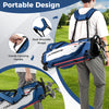Lightweight blue golf stand bag with dual shoulder straps, featuring roomy storage and designed for left-handed users.