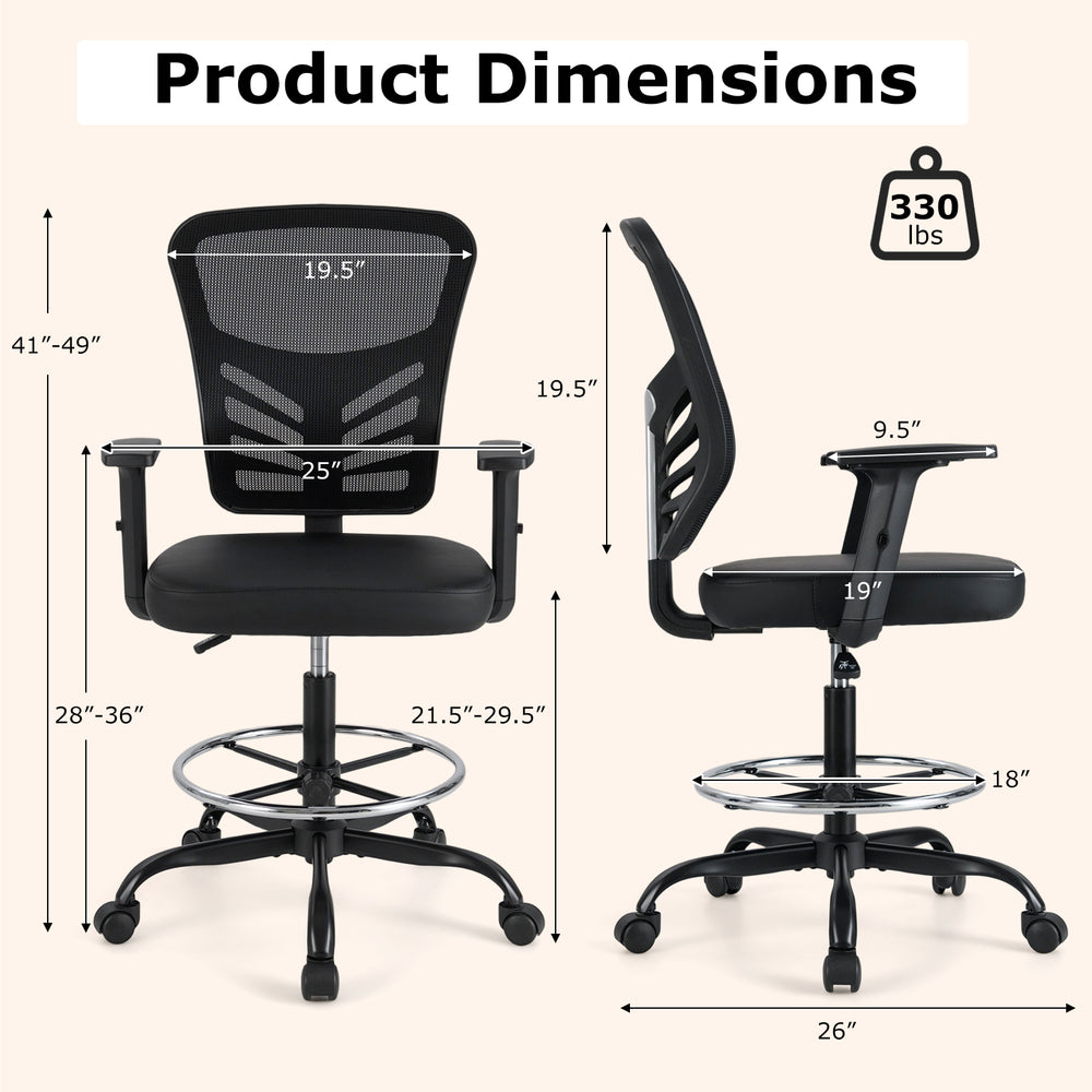 Mesh drafting chair with adjustable armrests and foot-ring, featuring ergonomic design and dimensions for comfort and.