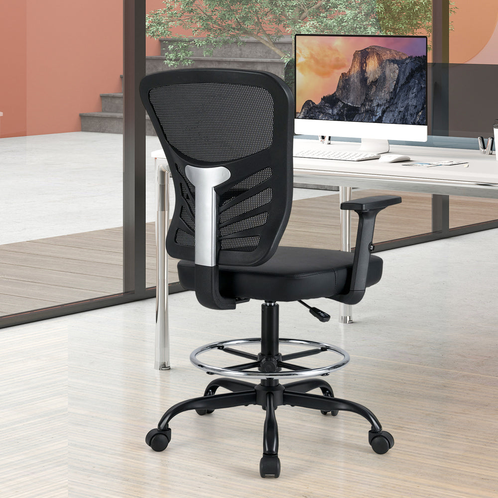 Mesh drafting chair with adjustable armrests and foot-ring, featuring ergonomic backrest for comfort in office settings.