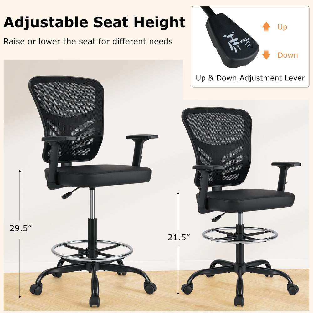 Mesh drafting chair with adjustable seat height and armrests, featuring a foot-ring for ergonomic support and comfort.