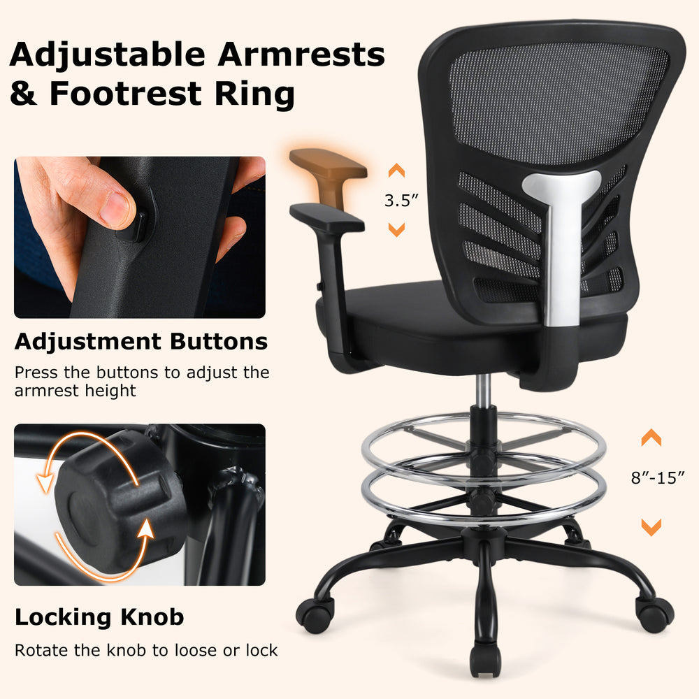 Adjustable armrests and footrest ring of the black mesh drafting chair, showcasing ergonomic design features for.