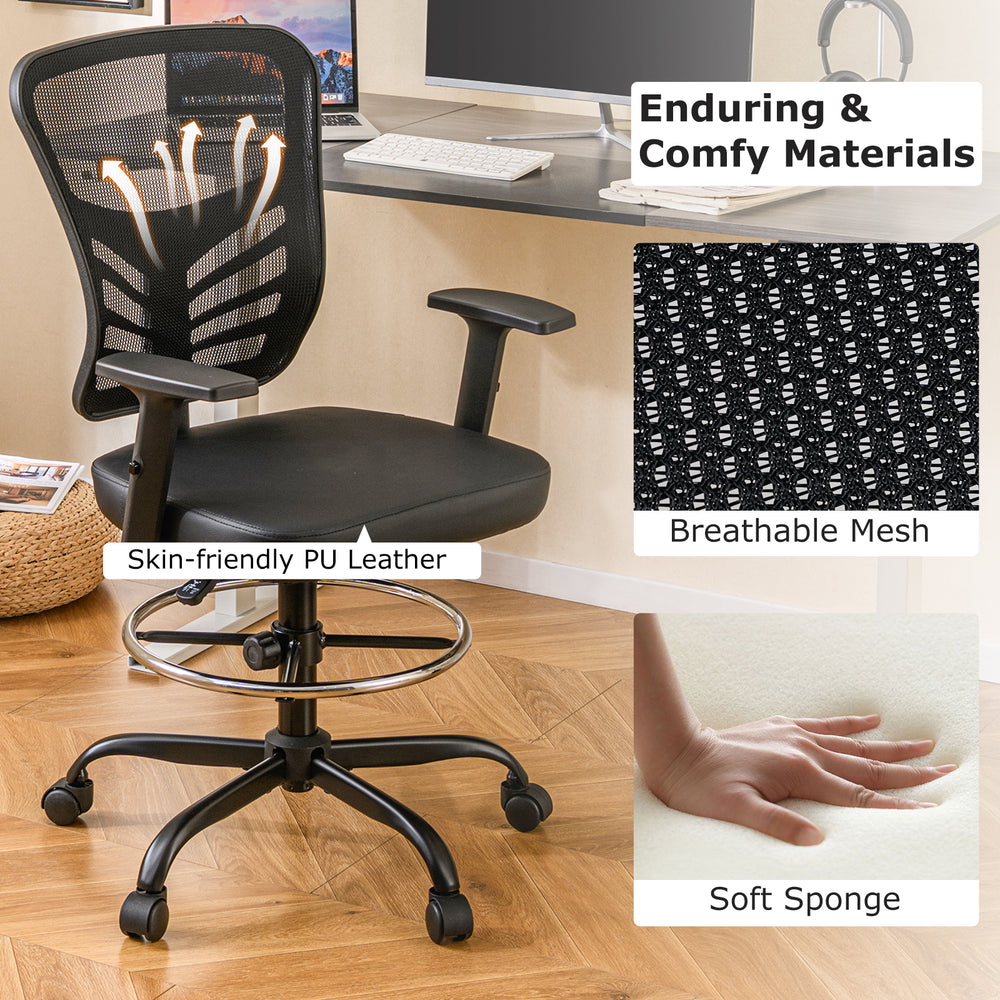 Close-up of the breathable mesh and soft sponge materials of the black mesh drafting chair for ergonomic comfort.