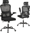 Ergonomic black mesh office chair with adjustable lumbar support, flip-up armrests, and reclining backrest for comfort.