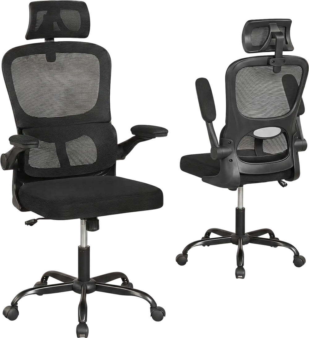 Ergonomic black mesh office chair with adjustable lumbar support, flip-up armrests, and reclining backrest for comfort.