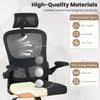 Mesh office chair featuring adaptive lumbar support, flip-up armrests, and breathable fabric for ergonomic comfort.