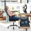 Mesh office chair with adjustable headrest and lumbar support, designed for ergonomic comfort during long hours of use.