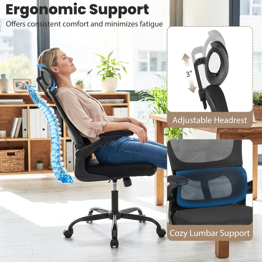 Mesh office chair with adjustable headrest and lumbar support, designed for ergonomic comfort during long hours of use.
