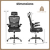 Dimensions of the black mesh office chair with adjustable lumbar support, armrests, and a 300 lbs load capacity.